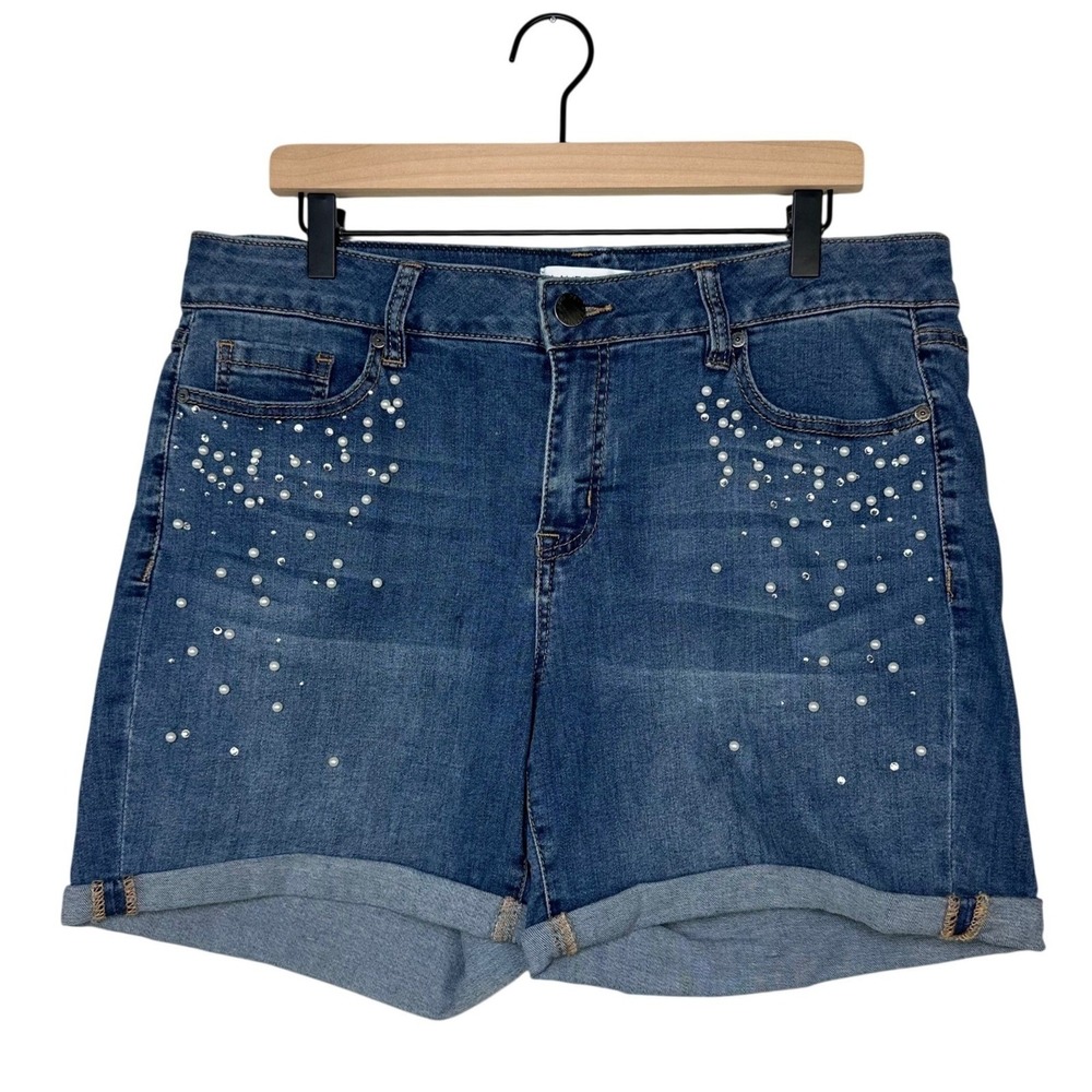 Lane Bryant Essential Stretch Girlfriend Denim Shorts Pearl Rhinestone Blue 12